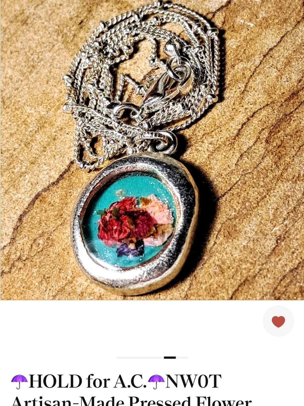 Artisan Silver Plated Pendant Necklace with Turquoise Resin and Pressed Flowers